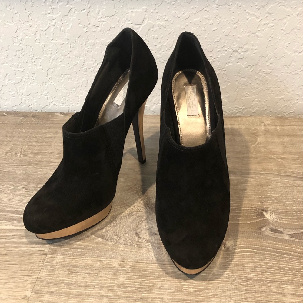 Rachel Roy suede black platform booties rose gold